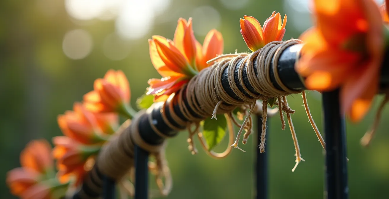 Arche florale extérieure avec système de fixation professionnel visible et compositions asymétriques