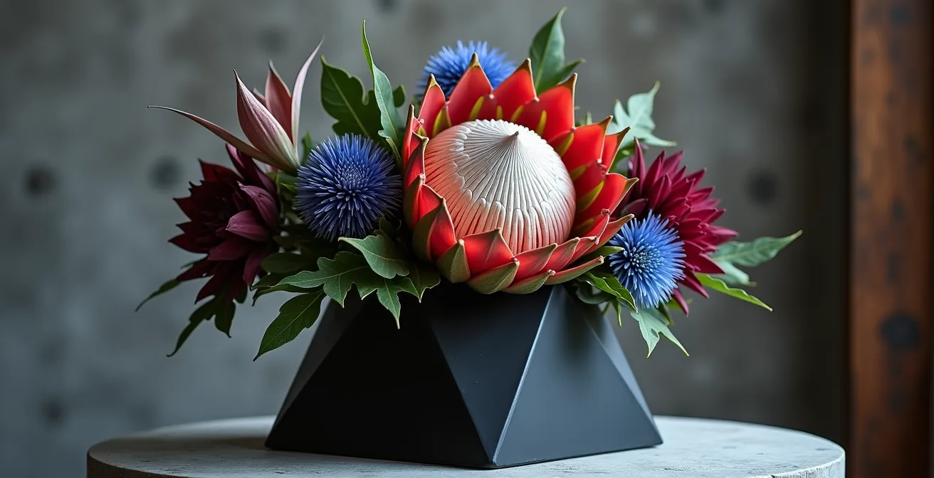 Composition florale moderne avec protéa, chardon et anthurium dans un vase géométrique noir