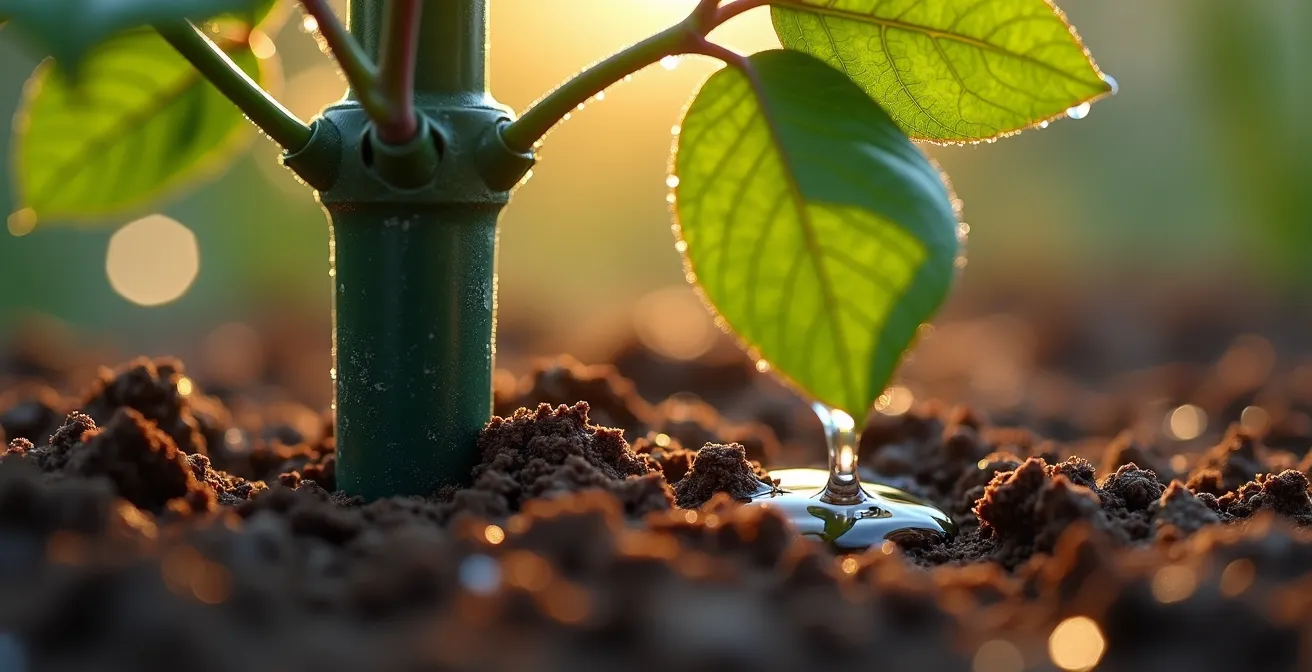 Système d'arrosage goutte-à-goutte au pied d'un rosier avec cuvette de terre