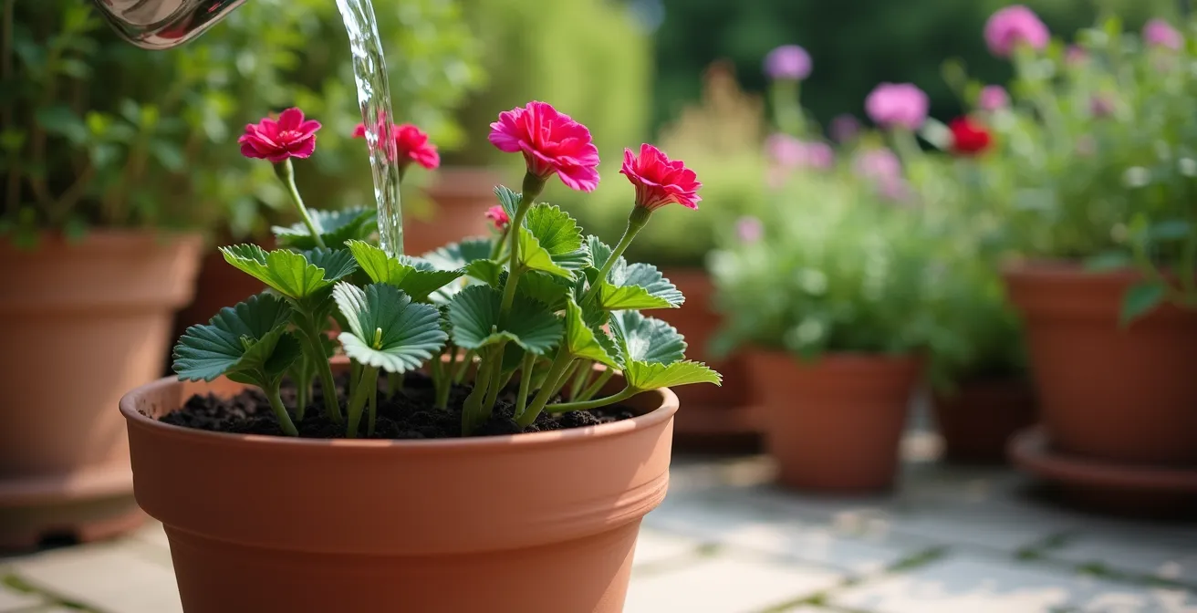 Arrosoir versant de l'eau sur le pourtour intérieur d'un pot de géranium, créant un anneau d'humidité