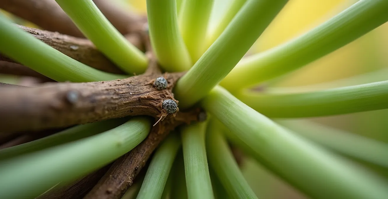 Vue macro montrant l'entrecroisement délicat de tiges souples de tulipes avec des branches rigides