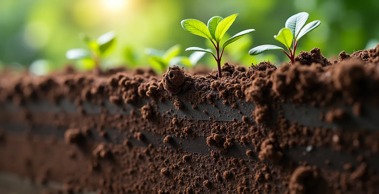 Coupe transversale du sol montrant l'installation d'une barrière anti-rhizome autour d'un arbuste