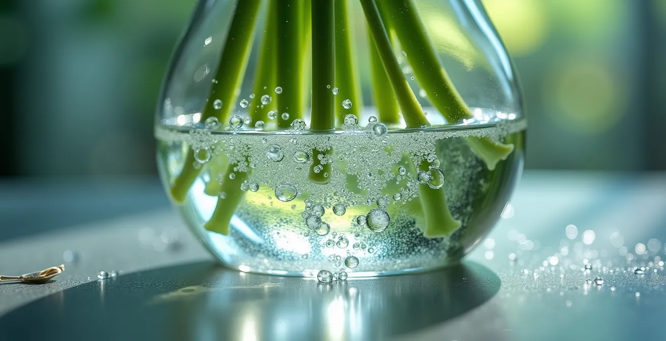 Vue microscopique du biofilm bactérien dans l'eau d'un vase de fleurs