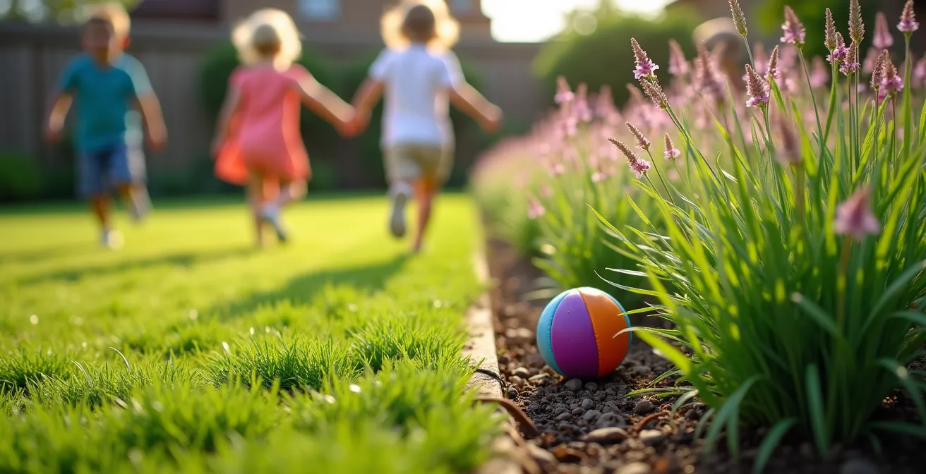 Bordure végétale à trois niveaux protégeant un massif fleuri des jeux d'enfants
