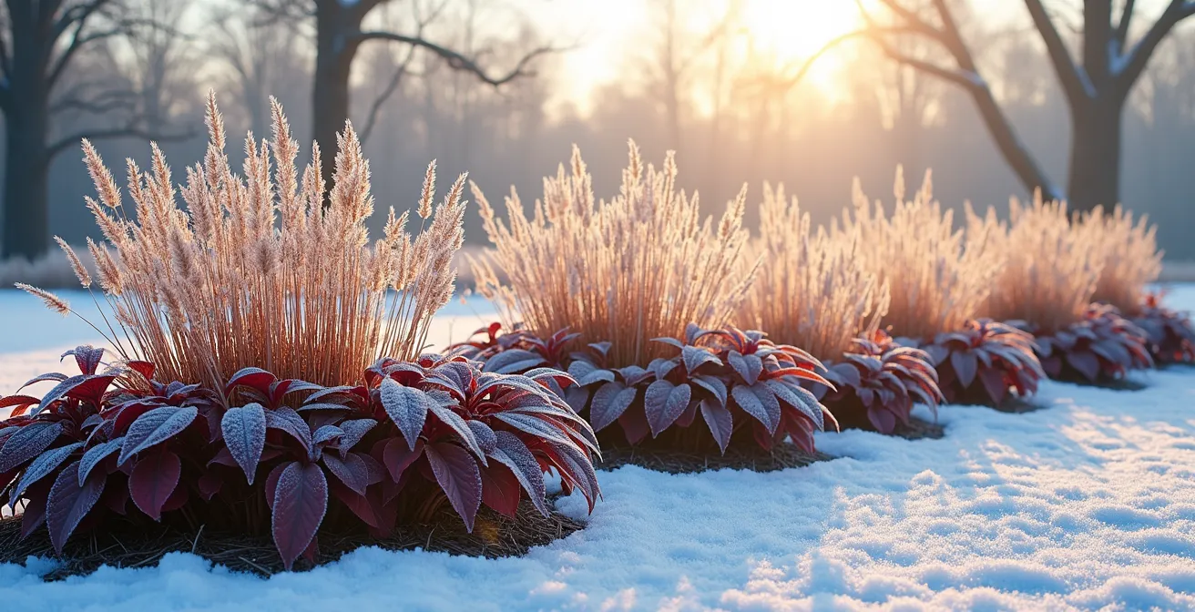 Bordure de jardin en hiver avec heuchères colorées et graminées givrées