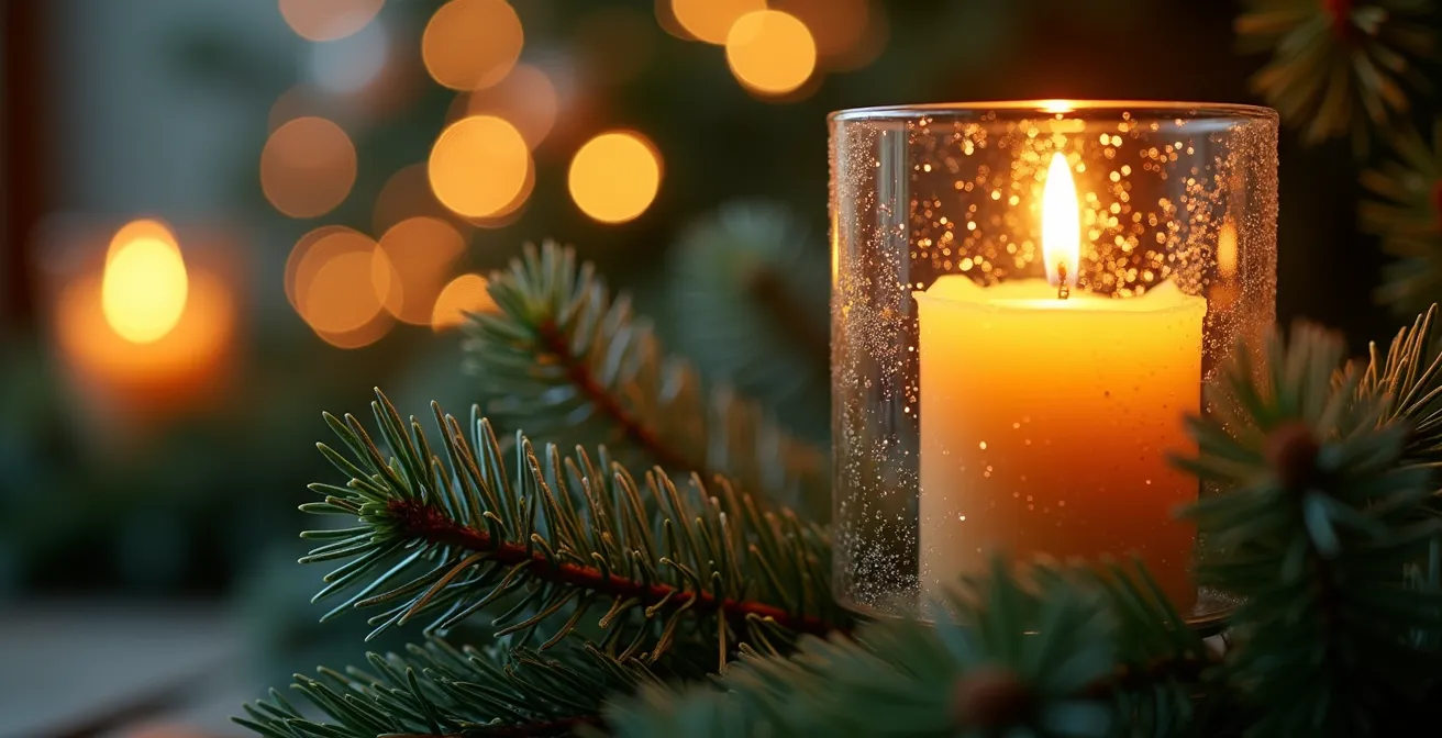 Bougies LED dans des photophores en verre hauts, entourées de branches de sapin pour une sécurité maximale.