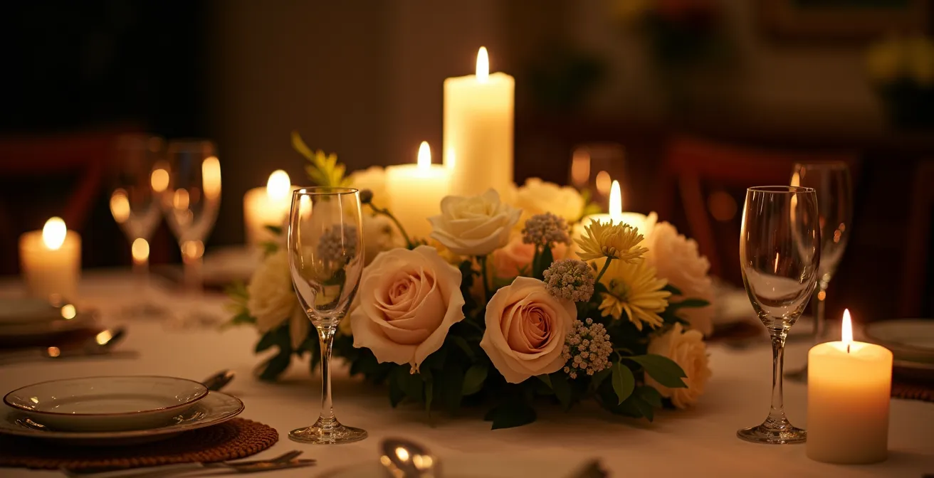 Arrangement floral aux tons clairs éclairé par des bougies en ambiance tamisée