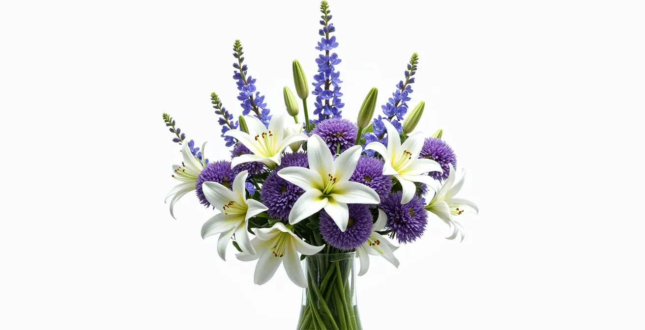 Composition florale architecturale avec lys blancs et alliums violets en bouquet structuré