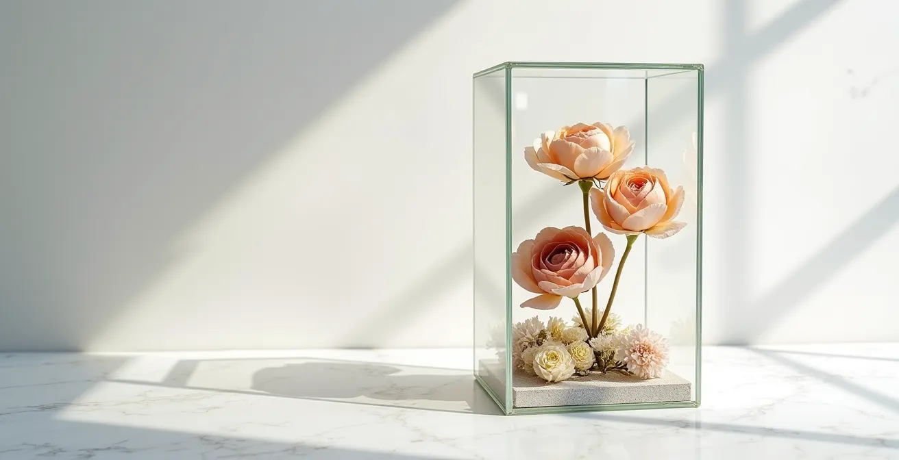 Shadow box en verre avec bouquet séché et sachets de gel de silice cachés