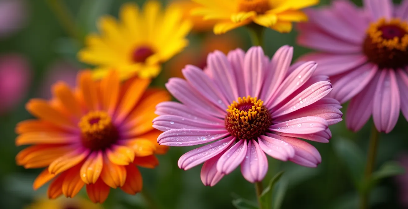 Vue macro de fleurs vivaces et annuelles mélangées dans un massif
