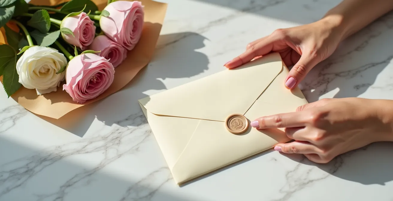 Main tenant délicatement une enveloppe fermée à côté d'un bouquet de roses