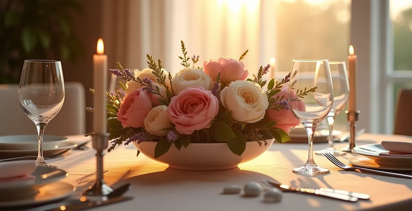 Centre de table floral bas avec roses et lavande sur table dressée, ambiance chaleureuse de dîner