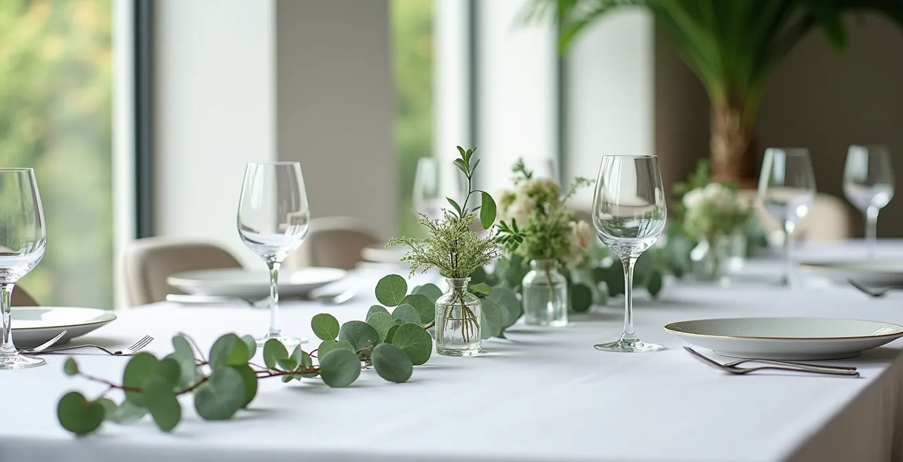 Chemin de table végétal bas avec mini-compositions florales permettant le contact visuel entre convives