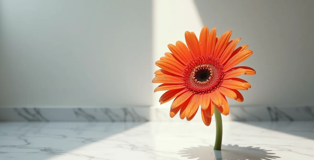 Gerbera montrant des signes de condensation et de stress thermique avec pétales légèrement affaissés
