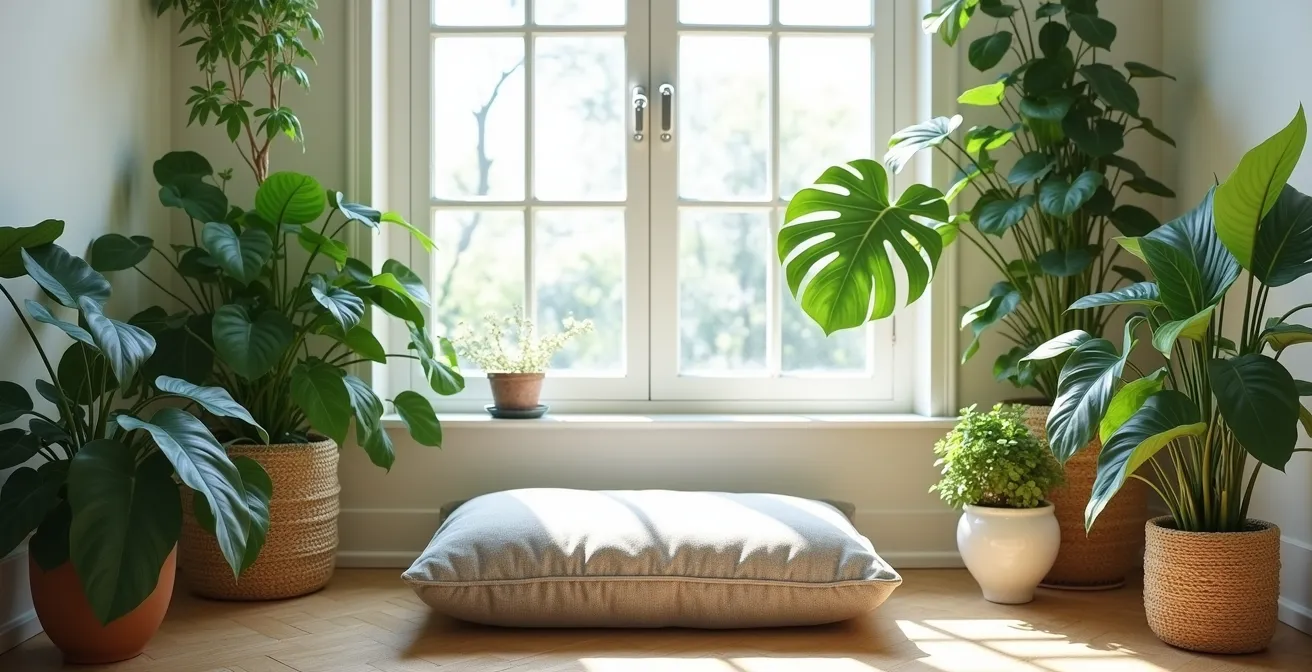 Espace zen avec plantes vertes créant une barrière naturelle autour d'un coussin de méditation
