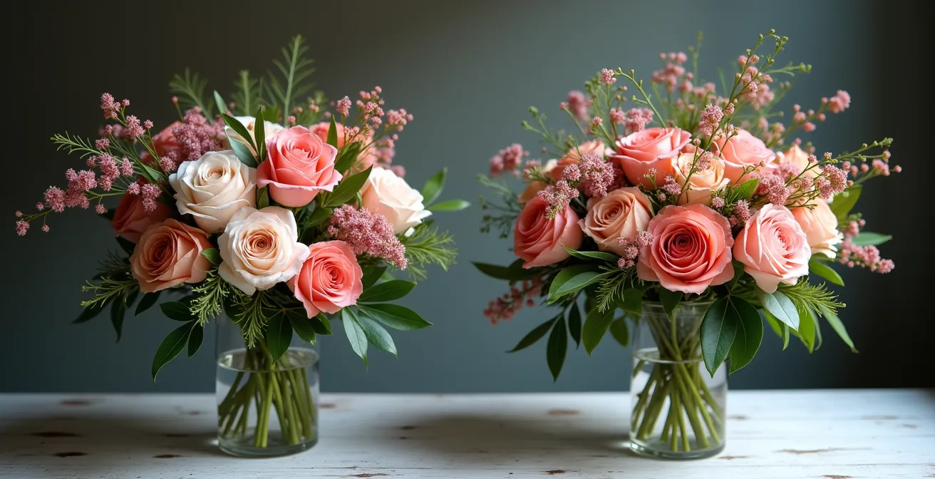 Deux bouquets côte à côte montrant la différence entre perfection stylisée et beauté naturelle
