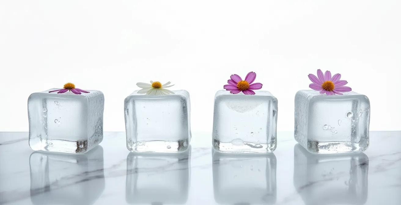 Quatre glaçons côte à côte montrant différents niveaux de transparence selon la méthode utilisée