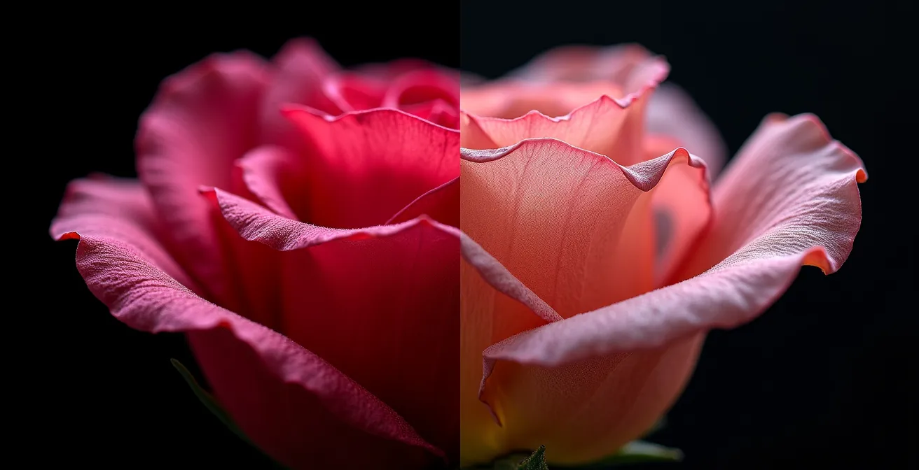 Comparaison en macro de pétales de rose traités à la glycérine et au gel de silice