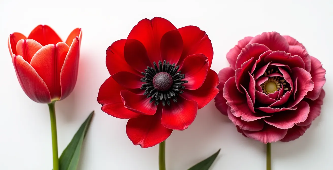 Trois bouquets de fleurs de saison rouges et roses disposés côte à côte