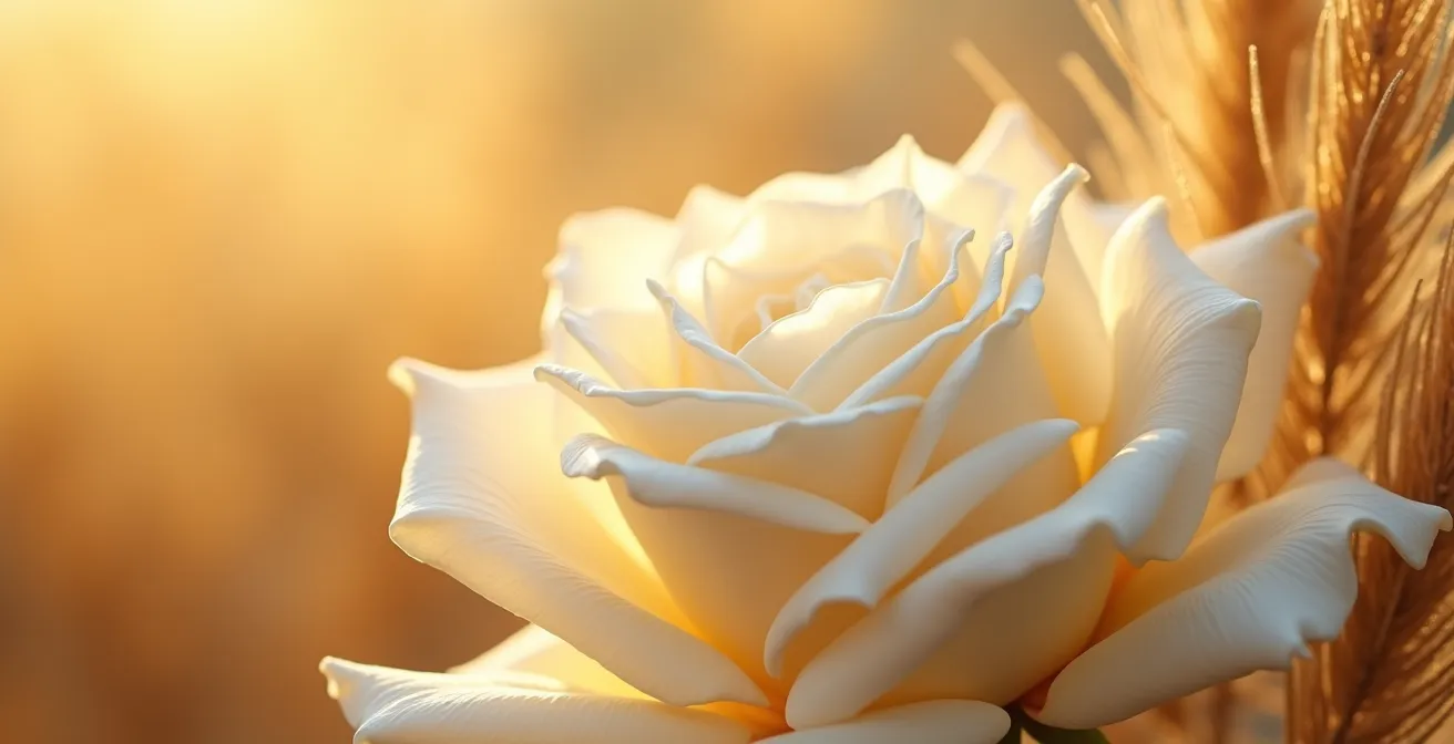 Gros plan sur composition florale mélant fleurs fraîches blanches et éléments dorés séchés