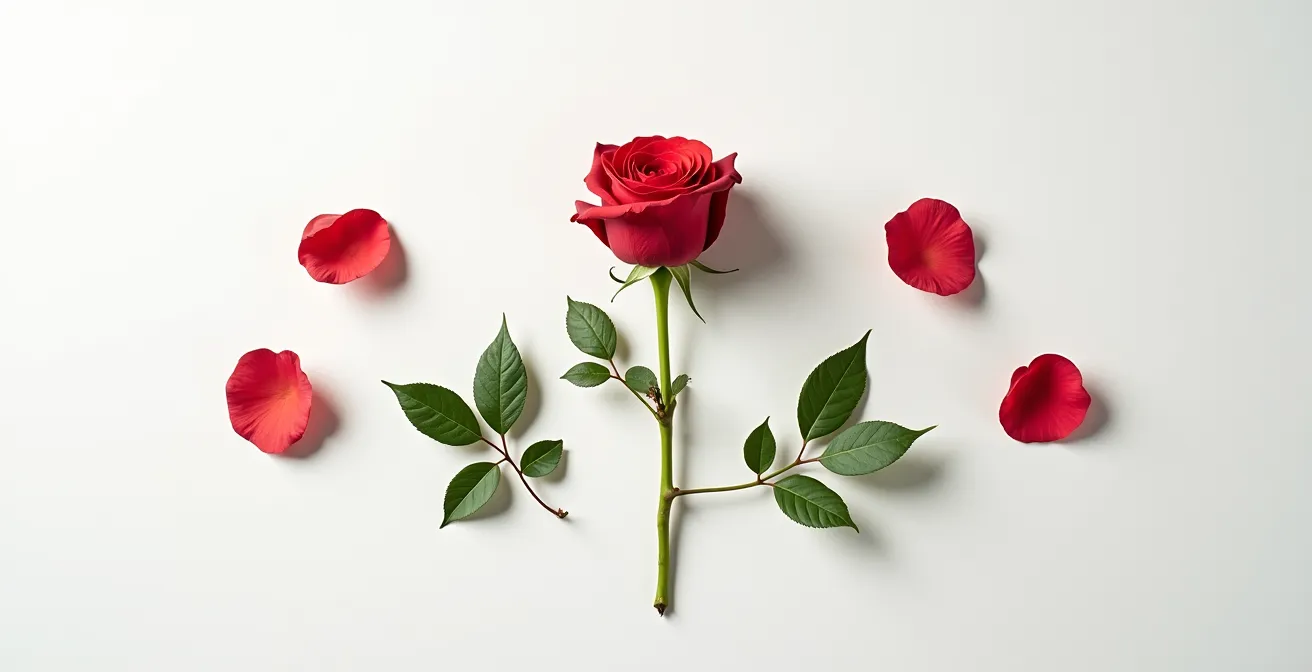 Composition artistique montrant une rose démontée avec pétales, feuilles et tige disposés séparément sur fond blanc