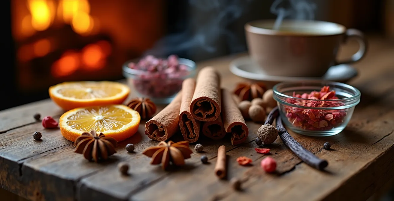 Composition d'épices et de fleurs séchées créant une ambiance hivernale chaleureuse dans un salon