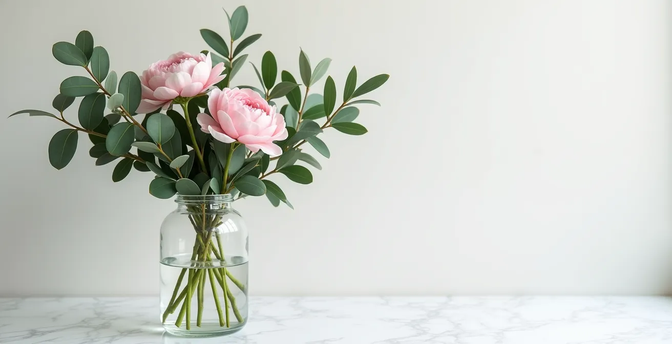 Arrangement floral mêlant feuillage naturel et fleurs artificielles real touch