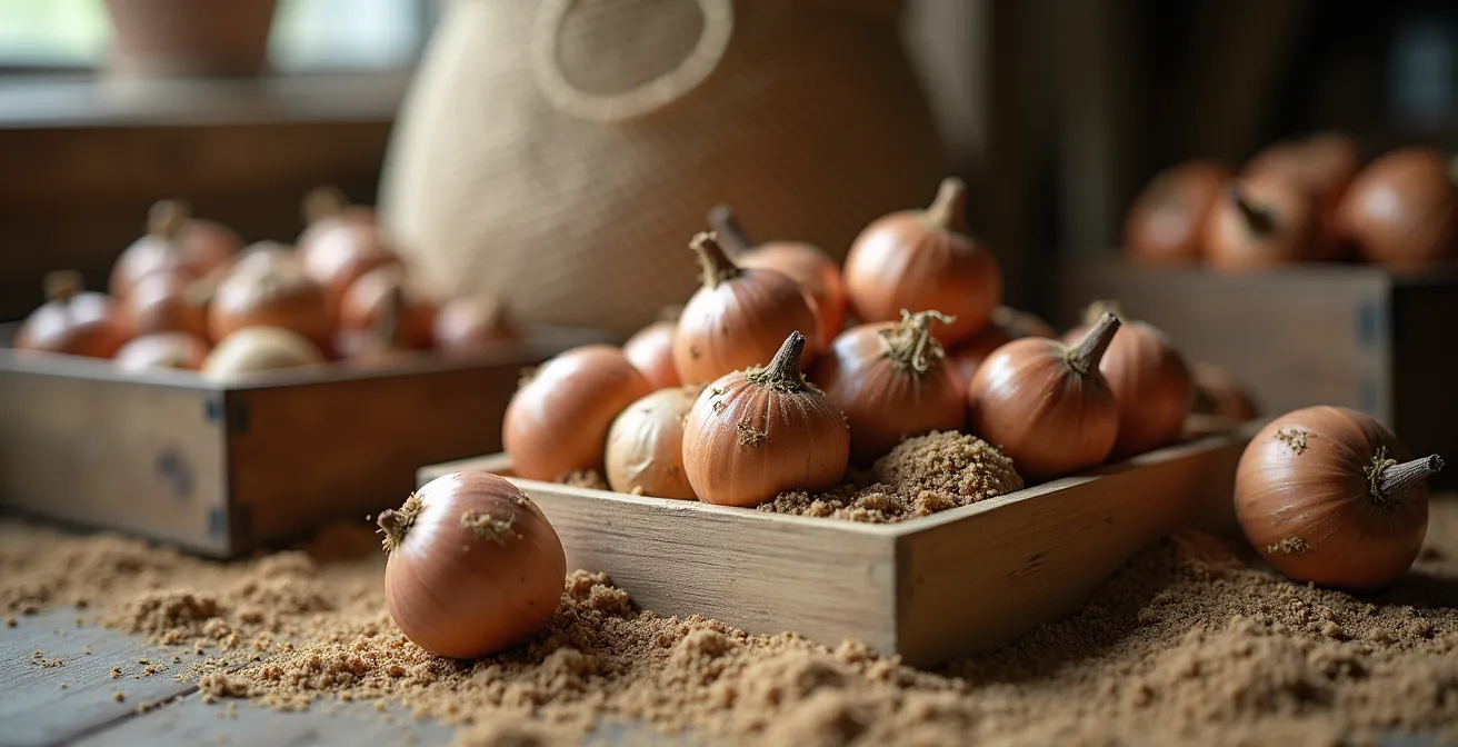 Méthodes de conservation des bulbes de tulipes montrant différentes techniques avec sable, filet et caisses de stockage