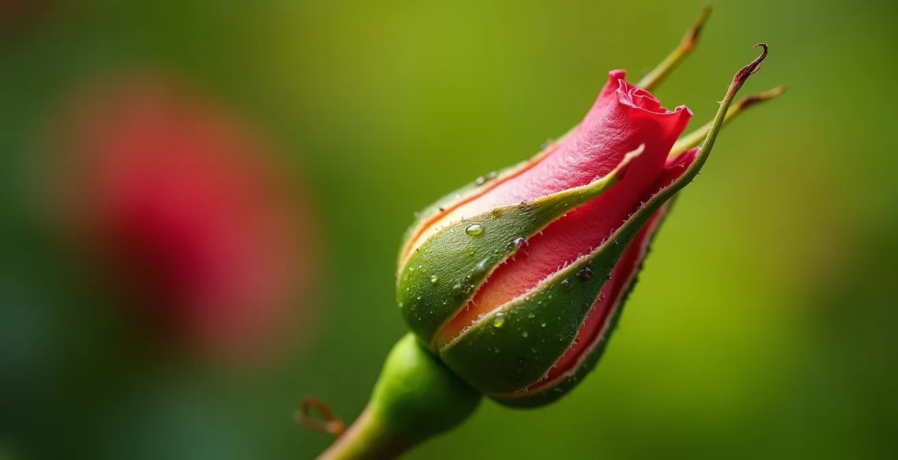 Gros plan sur une coupe fraîche en biseau sur une tige de rosier, montrant la surface nette prête pour une cicatrisation naturelle.