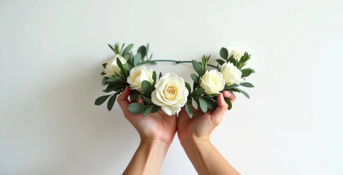 Couronne de fleurs tenue fermement et secouée pour tester sa solidité