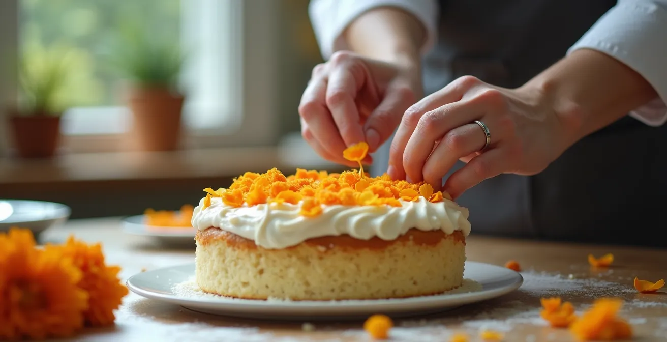 Gâteau d'anniversaire décoré avec des fleurs de souci comestibles disposées de manière hygiénique