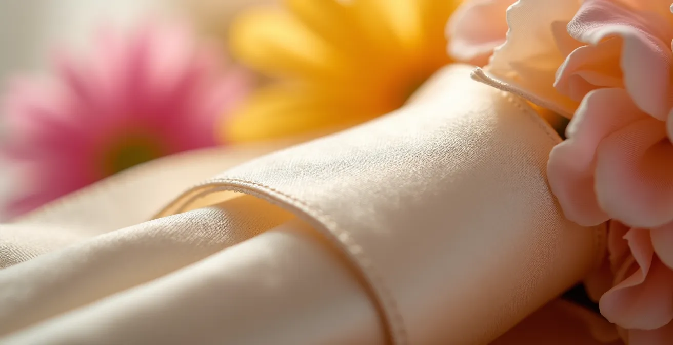 Détail macro d'un ruban de soie enroulé autour de tiges florales avec texture visible