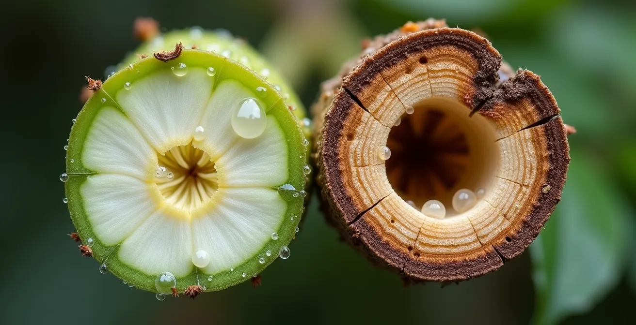 Comparaison visuelle entre une branche de rosier vivante avec son intérieur vert et une branche morte à l'intérieur brun et sec.