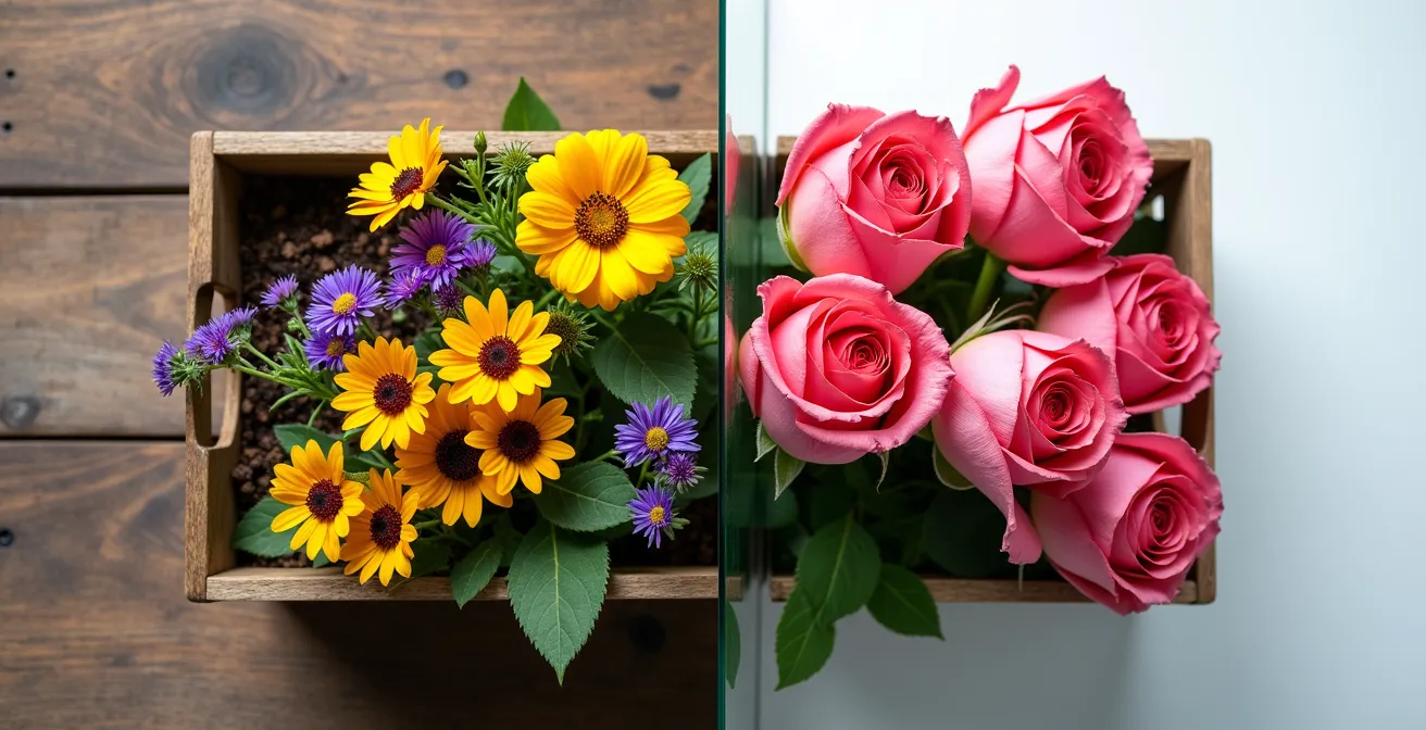 Comparaison visuelle entre fleurs biologiques du jardin et fleurs traitées de fleuriste