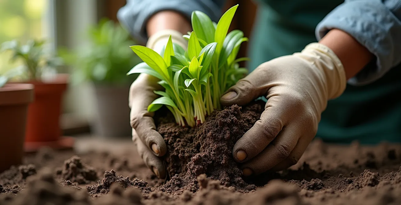 Mains de jardinier divisant délicatement une touffe de vivace au printemps