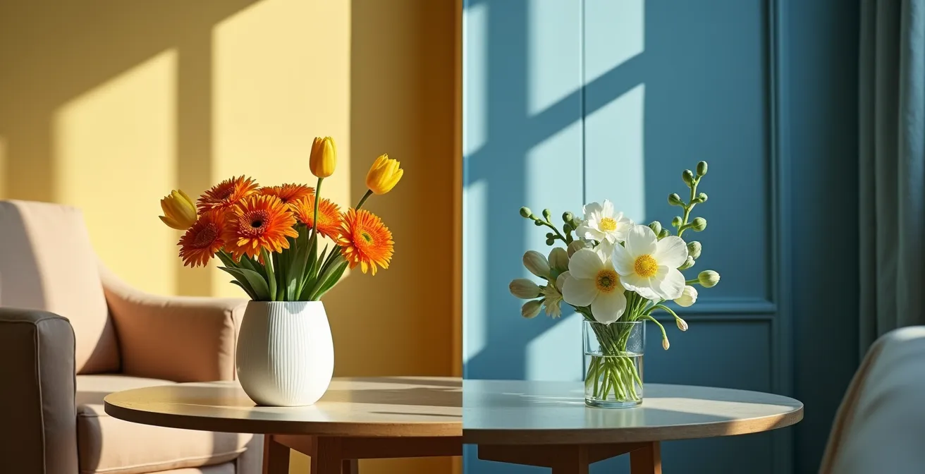 Deux bouquets différents dans un salon et une chambre pour illustrer la stratégie chromatique