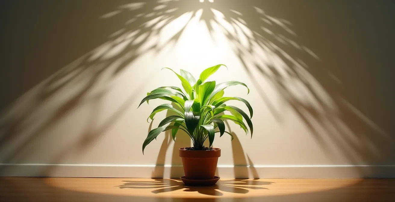 Éclairage par le bas d'une plante créant des ombres dansantes sur un mur blanc