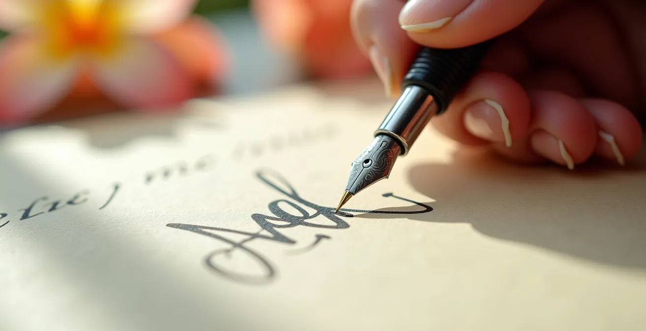 Main élégante écrivant un message personnel sur une carte texturée avec un stylo plume, à côté d'un bouquet de fleurs flou en arrière-plan.