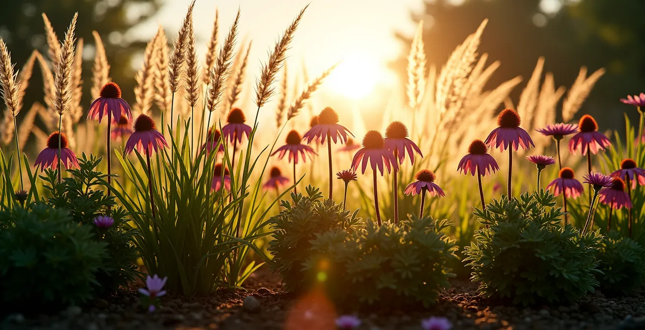 Coupe latérale d'un massif montrant l'étagement des plantes avec jeux de transparence