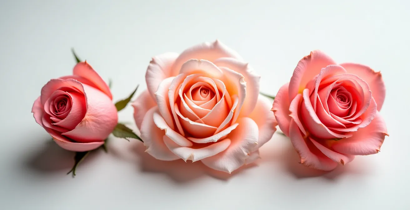 Gros plan sur trois roses à différents stades d'ouverture sur fond épuré