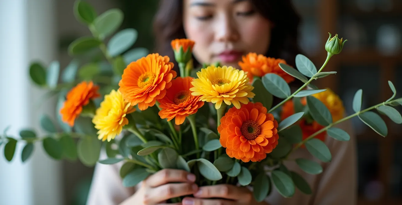 Gros plan sur l'équilibre entre feuillage vert et fleurs oranges dans un bouquet