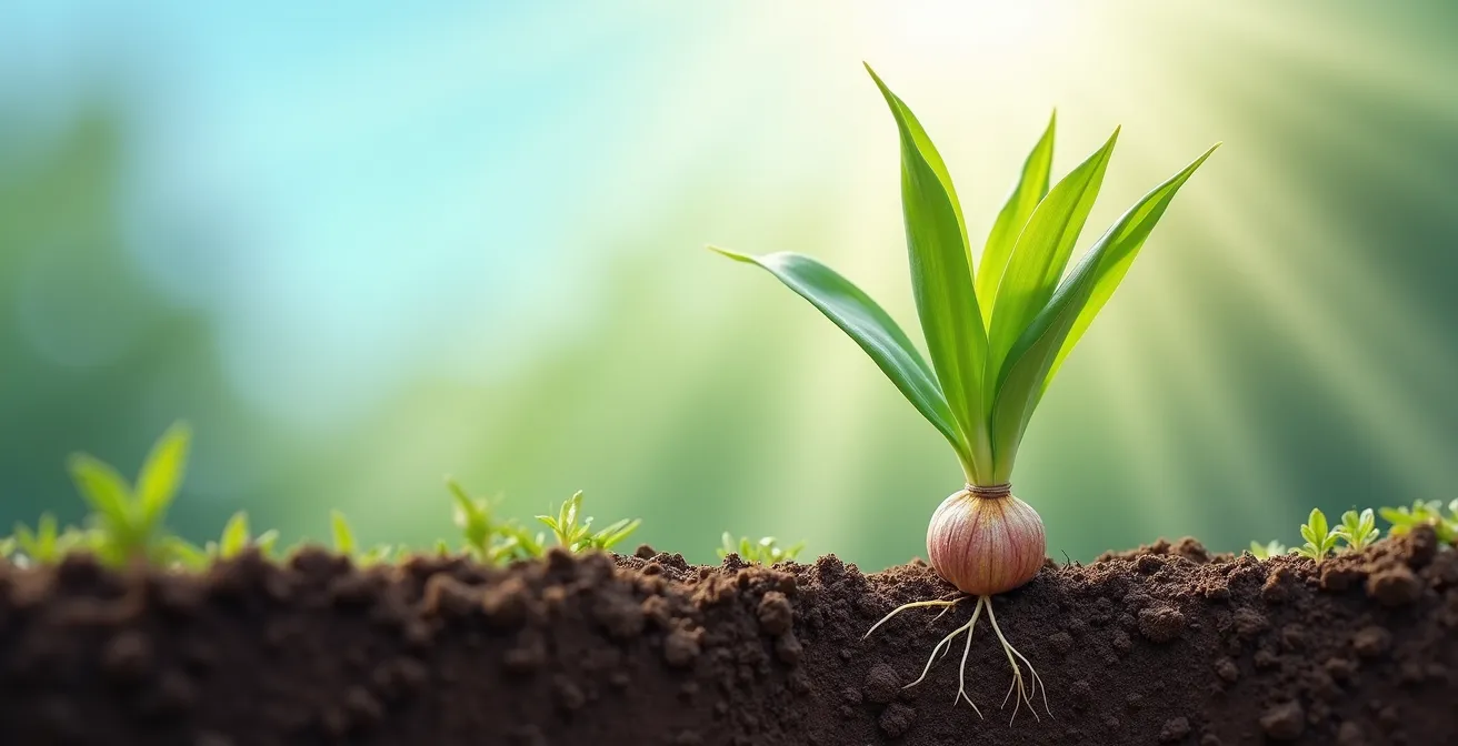 Vue en coupe d'un bulbe de tulipe avec feuilles vertes captant la lumière et flèches montrant le flux d'énergie vers le bulbe souterrain