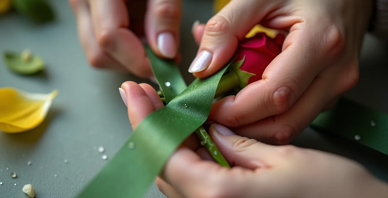 Gros plan sur des mains enroulant du floratape vert autour d'une tige florale avec fil de fer