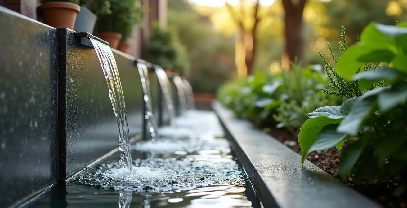 Mur d'eau moderne séparant une zone apéro d'un potager dans un petit jardin urbain