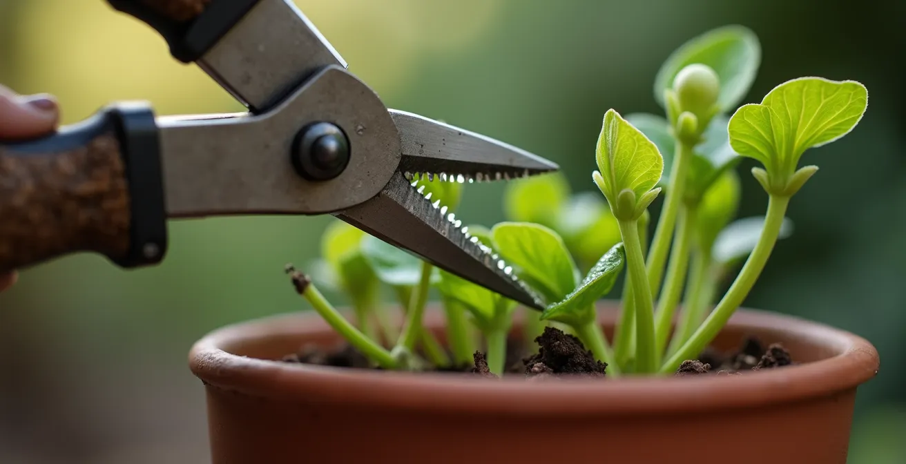 Sécateur coupant une tige de géranium au printemps avec nouvelles pousses vertes visibles