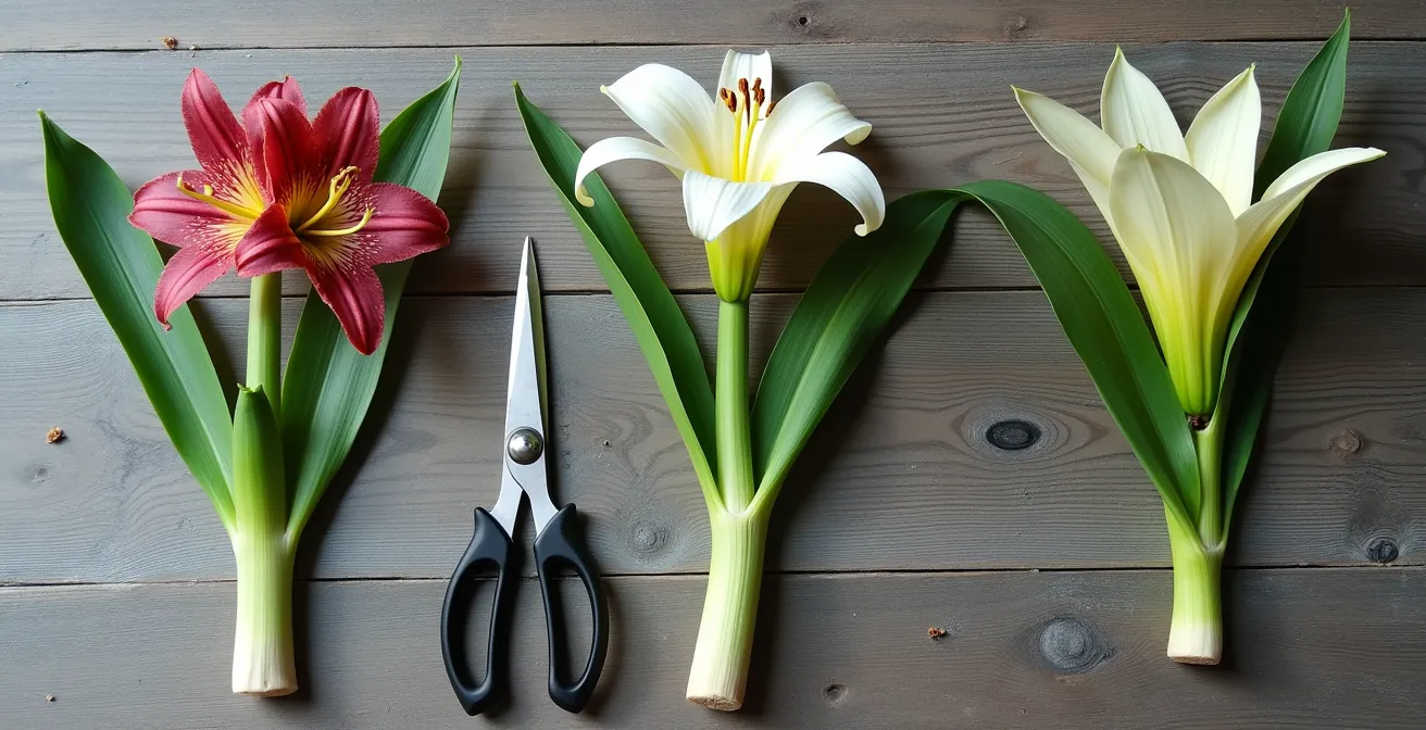 Schéma pédagogique montrant trois techniques de coupe pour orchidée, vivace et bulbe avec points de coupe précis