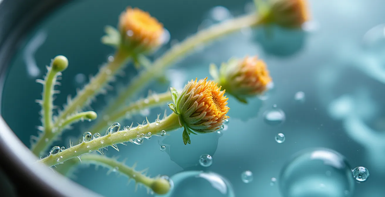 Gros plan macro sur des tiges de fleurs immergées dans l'eau claire d'un seau chez un fleuriste