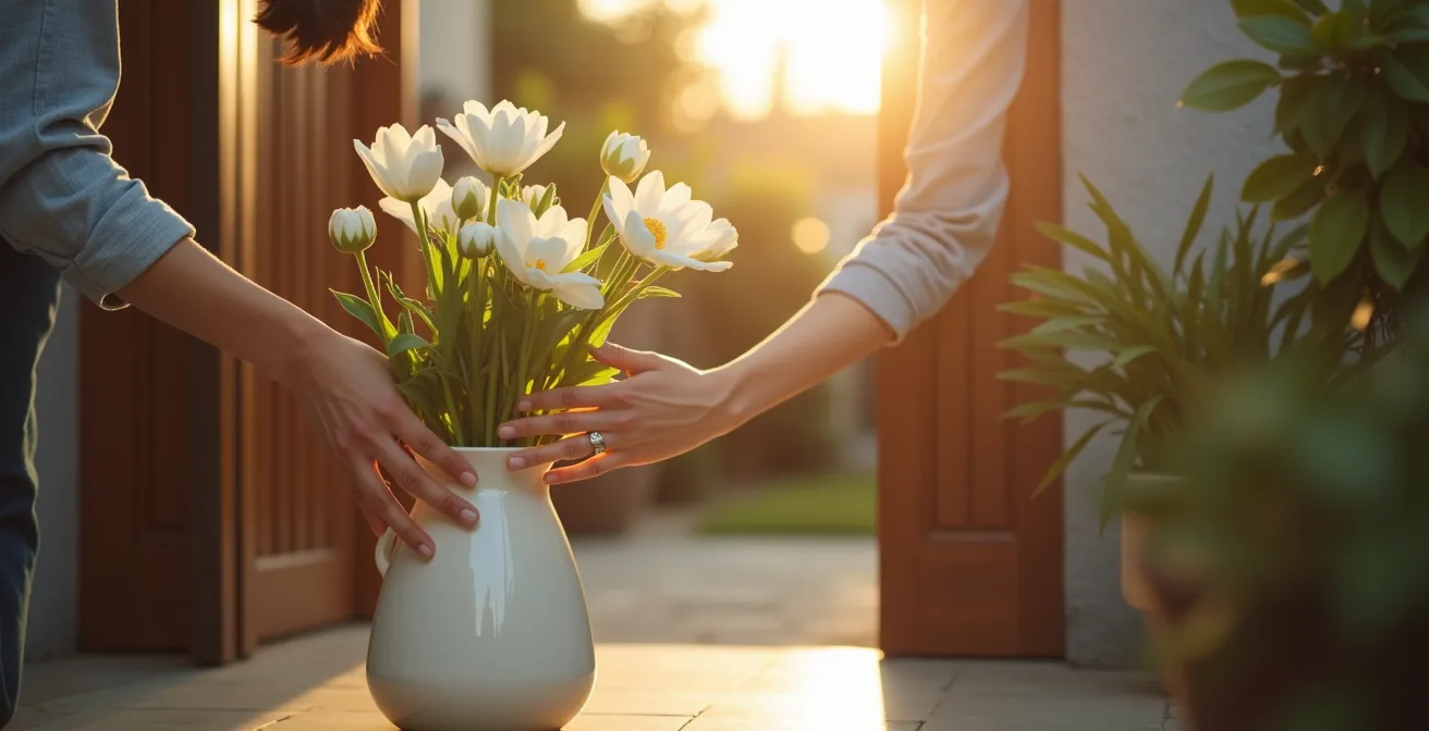 Livreur déposant un arrangement floral dans son vase sur le pas de porte le matin