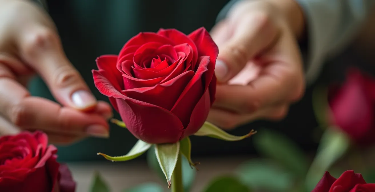Main de fleuriste retirant délicatement un pétale de garde d'une rose rouge