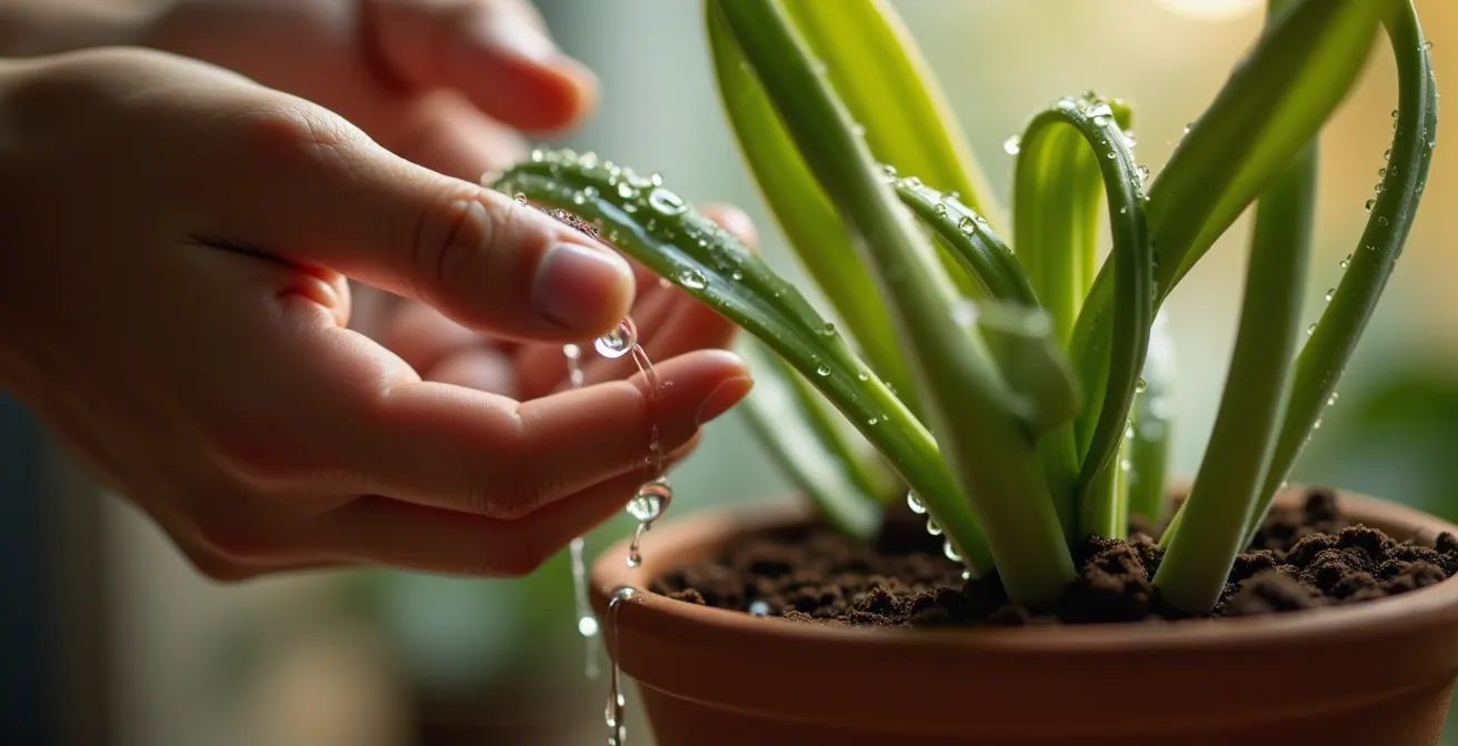 Mains arrosant délicatement une plante d'intérieur dans une lumière dorée apaisante